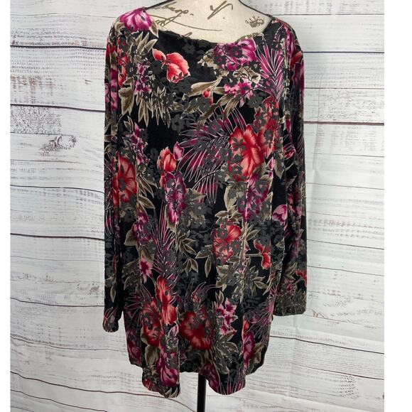 Susan Graver Tunic Women 2X Burnout Velvet Long Sleeve Boat Neck Floral Colorful - Picture 1 of 12